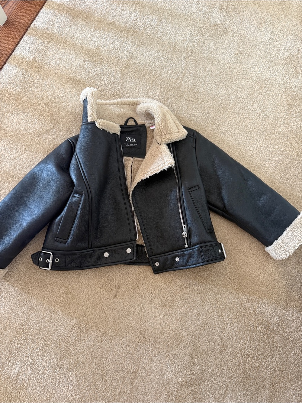 ZARA Kids Black Jacket with Cream Sherpa Trim